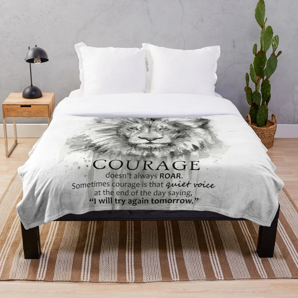

Courage Quote Lion Motivational Watercolor Blanket Snowflake Wool Blanket Coral Fleece Bedspread Blankets Portable Blanket
