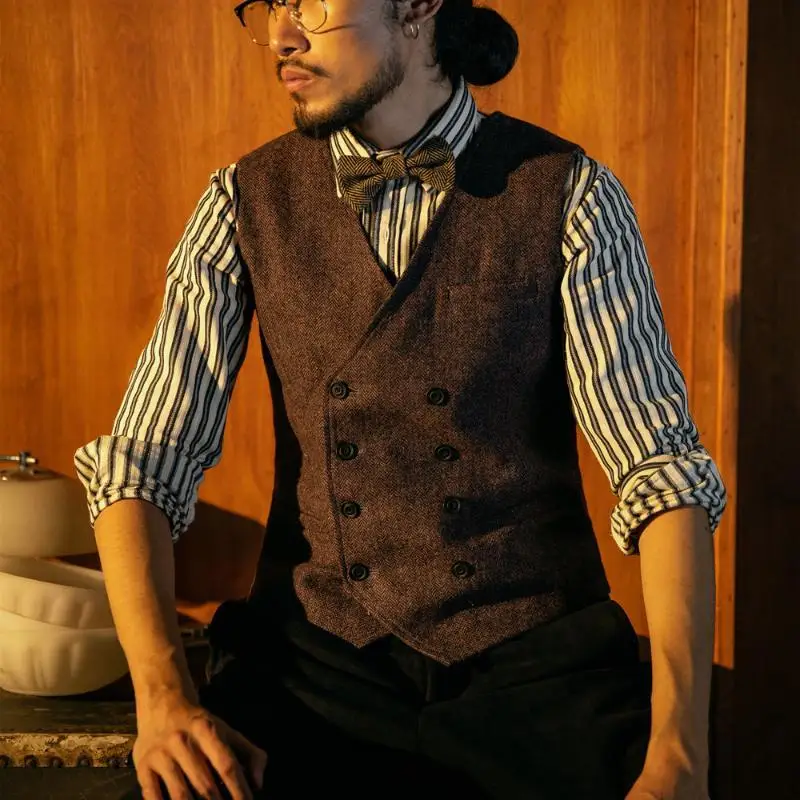 Coletes masculinos lã tweed colete espinha de peixe colete duplo breasted fino ajuste casamento noivo traje para negócios casuais (0)