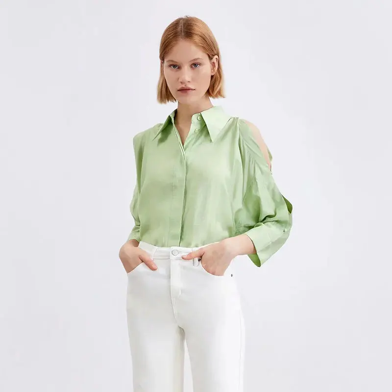 

Nlzgmsj Za Women 2021 Fashion Green Loose Asymmetry Blouses Vintage Long Sleeve Button-up Female Shirts Chic Tops 202108