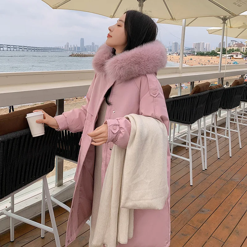 Winter Down Padded Jacket Women's Mid-length Large Fur Collar Hooded Waist Padded Padded Jacket