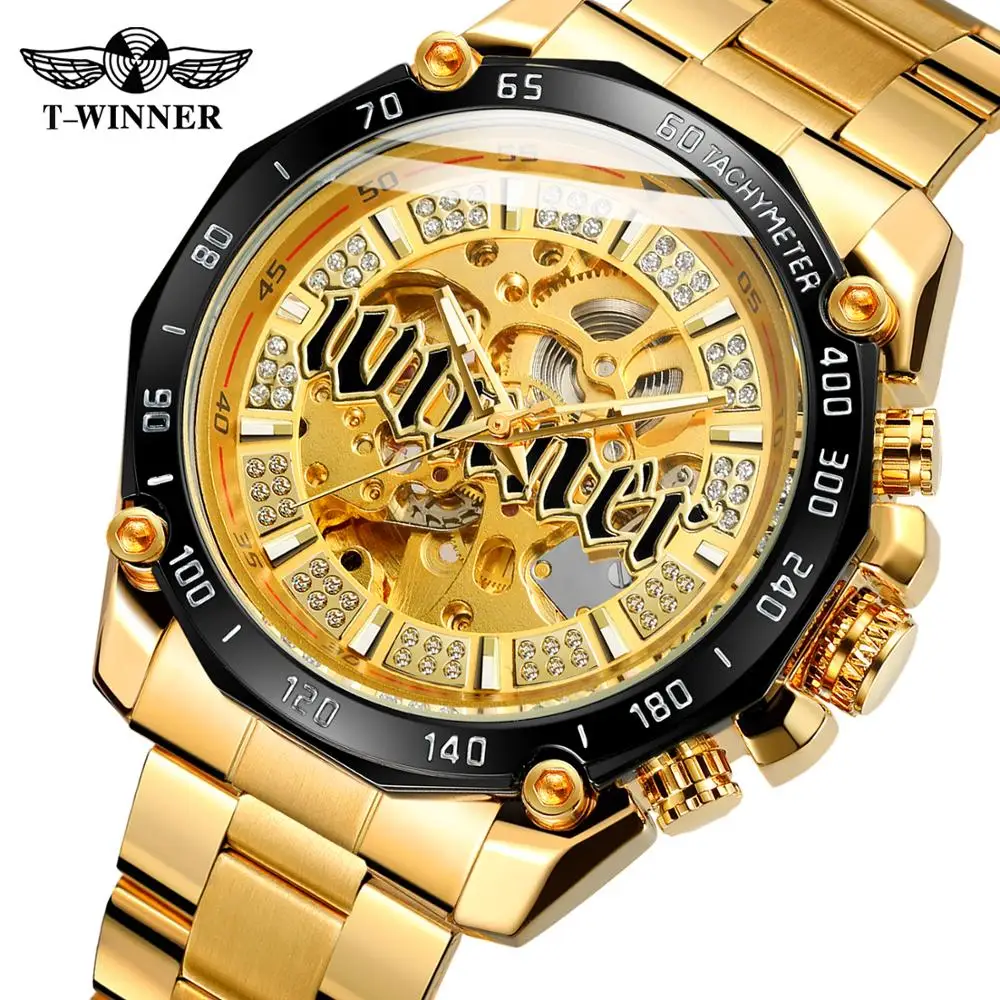 

T-winner Men's Vintage Skeleton Automatic Movement Analogue Stones Dial Watch with Stainless Steel Bracelet WRG8186M4