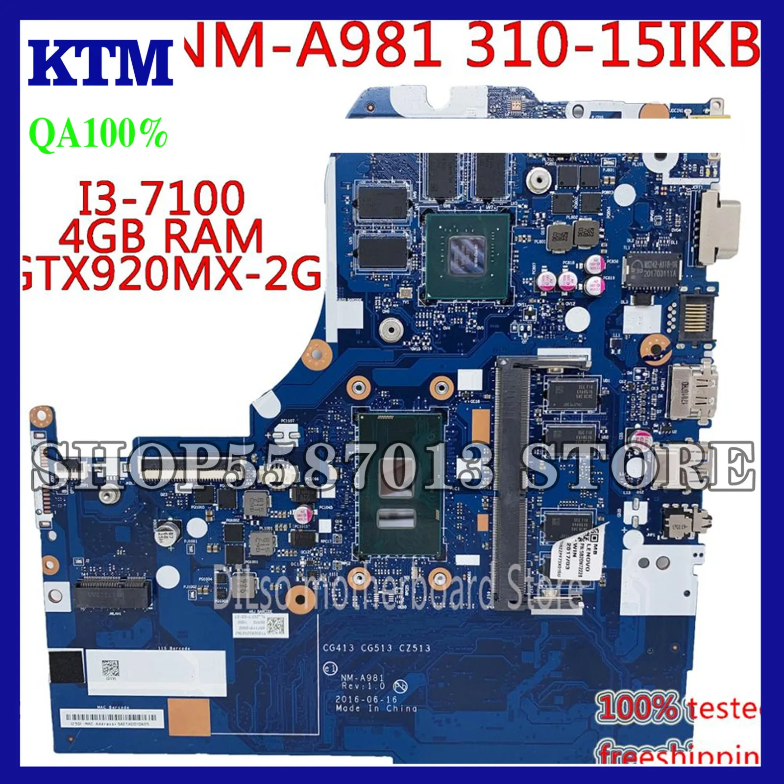 KEFU NM A981 материнская плата для ноутбука Lenovo 310 15IKB 510 I3 7100U 4 Гб ОЗУ GT920MX 2GB тест