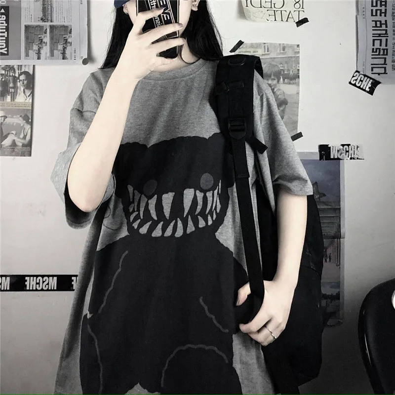 

2020 Summer Japan Harajuku T shirt Women Loose Tops Hip Hop Gray Clothes Women Tops Shirt Cartoon Bear Tshirt Streetwear Girls