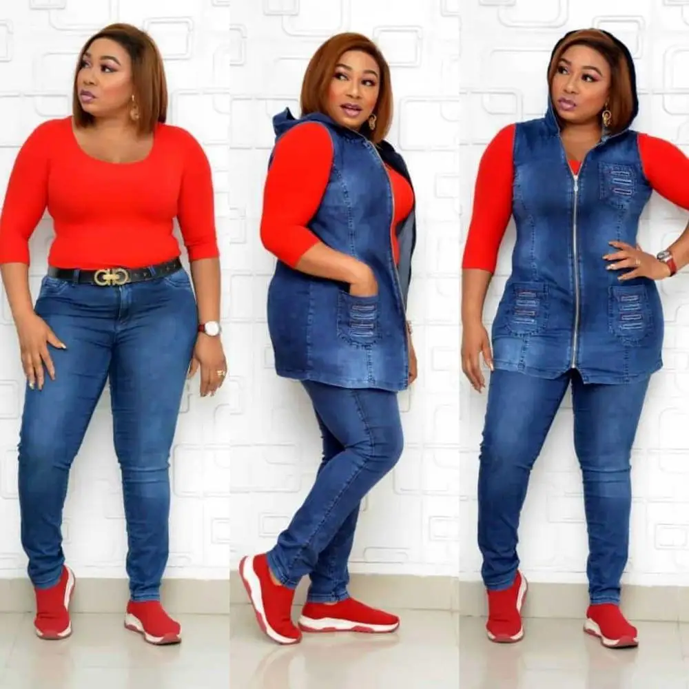 

Fashion jeans suit, matching color large-size two-piece suit