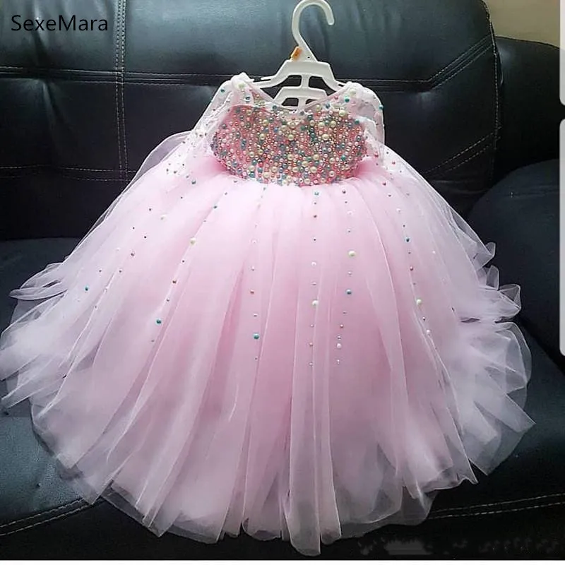 Cute Pink Tulle Pearls Baby Girl First Birthday Party Gown Long Sleeve Christmas New Year Infant Party Prom Gowns