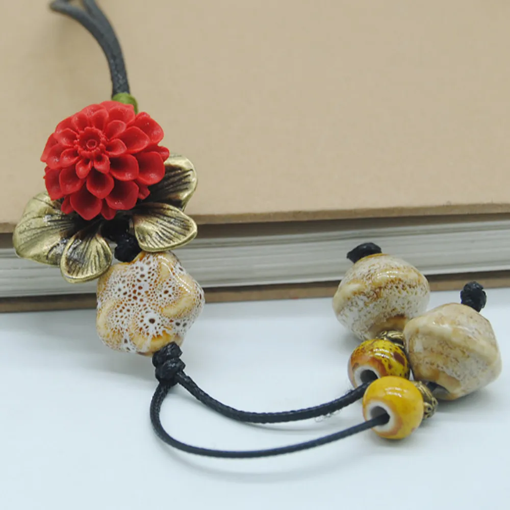 Ретро этнический стиль ручной работы Керамические цветы кулон свитер цепь