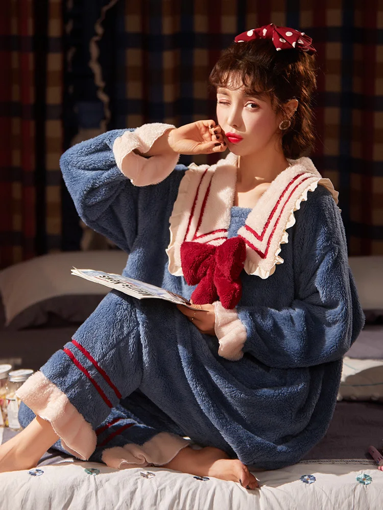 

Bow Large Lapel Snow White Women's Pajamas Cute Autumn Winter Long Home Clothes Coral Flannel Thickened Nightgown Sleepwear