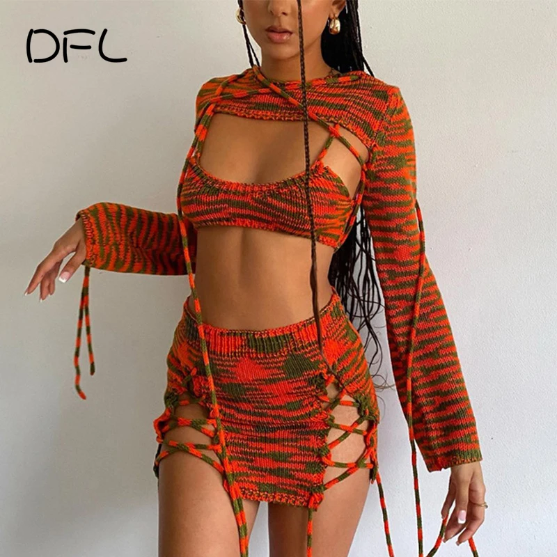 

DFLlifes Fashion Sexy Suit Long Sleeve Shawl Bandage Three-Piece Suits Women Clubwear Cropped Top Winter Autumn Sweater 2022