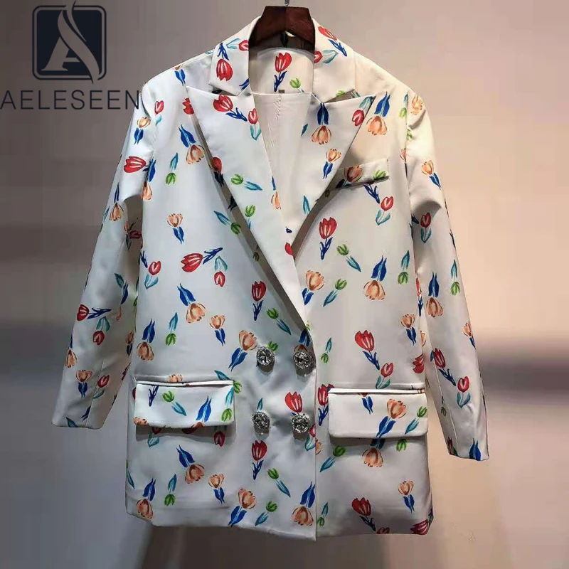 

AELESEEN High Quality Fashion 2021 Blazer Women Long Sleeves Elegant Fashion Flower Print Diamonds Lady Suit Veste Femme