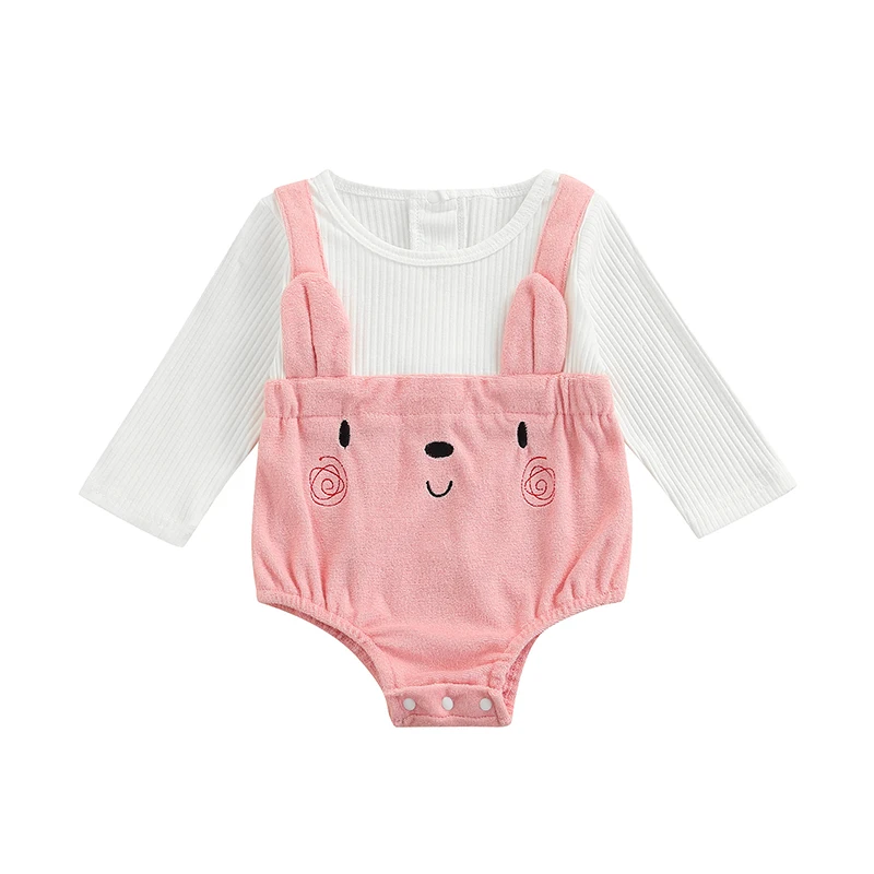 

Комбинезоны для маленьких девочек, комбинезон с вышивкой в виде кролика, с круглым вырезом и длинными рукавами, комбинезон с застежкой на пр...