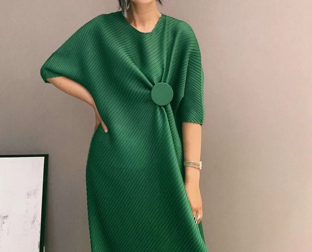 Miyake модное платье на запястье с коротким рукавом, с блестками, с круглым вырезом, со складками, на пуговицах, прямое платье