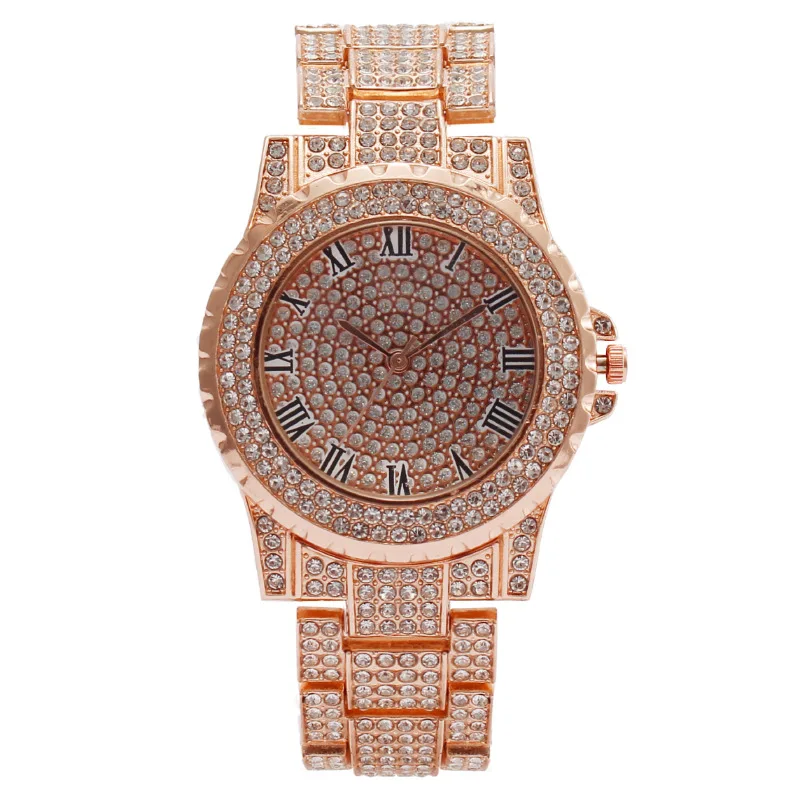 

Luxury women's Wrist Watch Fashion Gold Full Diamond Stainless Steel Strap Rhinestones Roman Numerals Ladies Quartz Watch Reloj