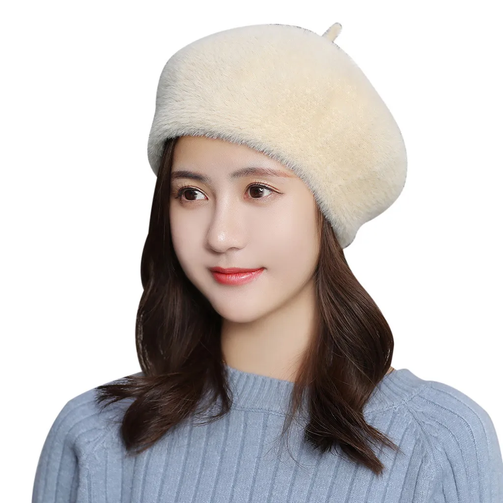 Хлопоковый берет шапки женские зимние французская шляпа девушки сплошной цвет