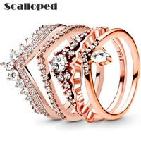 wholegem trendy rose gold shining crystal rings for women 2021 new flower crown heart wedding band set jewelry best friend gifts