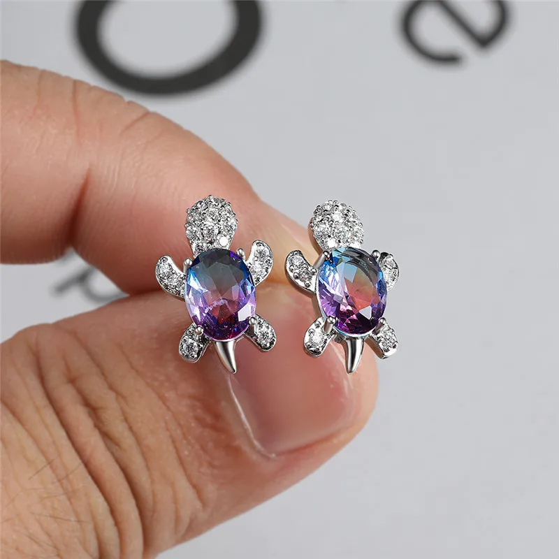 

Luxury Blue Purple Oval Turtle Stud Earrings Necklaces For Women Vintage Wedding Jewelry Sets Rainbow Crystal Stone Bridal Set