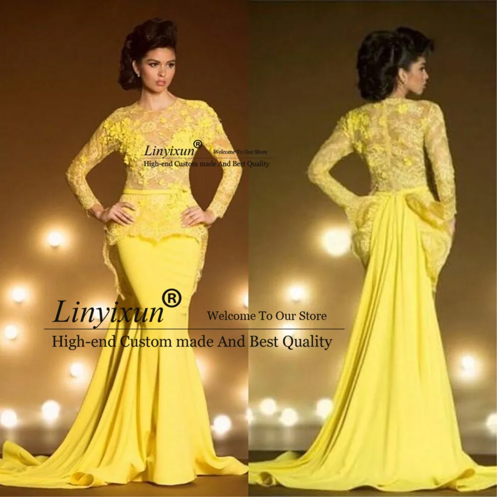 

Sexy Long Lace Formal Evening Dresses With Long Sleeves Mermaid Appliqued Sheer Jewel Neck Peplum Yellow Prom Dress Custom Made