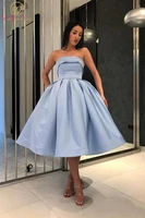 ball gown prom dresses blue 2022 pleats strapless satin tea length sleeveless formal party gowns evening homecoming dresses