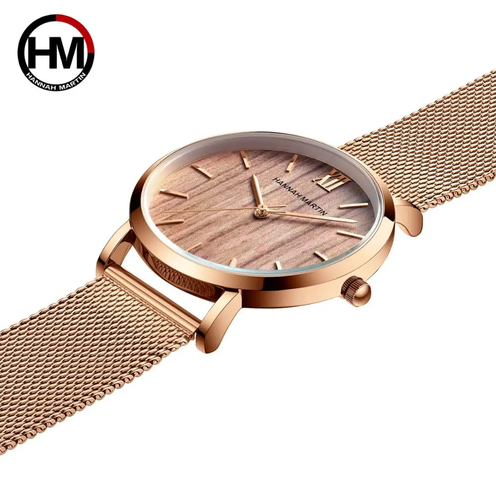 2020 Quartz Wood Grain Walnut Womens Watches Fashion Waterproof Womens Wristwatches Stainless Steel Band Watch for Women