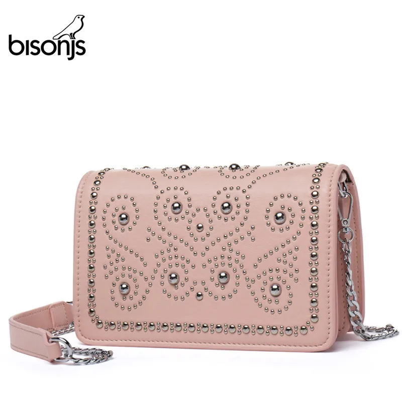 BISON DENIM кожаные женские сумки на плечо с заклепками, сумки через плечо с цепочкой для женщин, модная женская сумка-мессенджер B1405