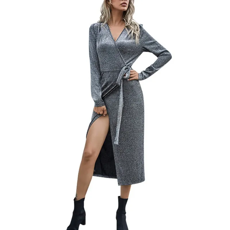 

Summer and Spring Women Sexy Pure Color Cross Vintage V-neck Knitted Strping Bow Long Sleeve Slim Dress Lady Skirt