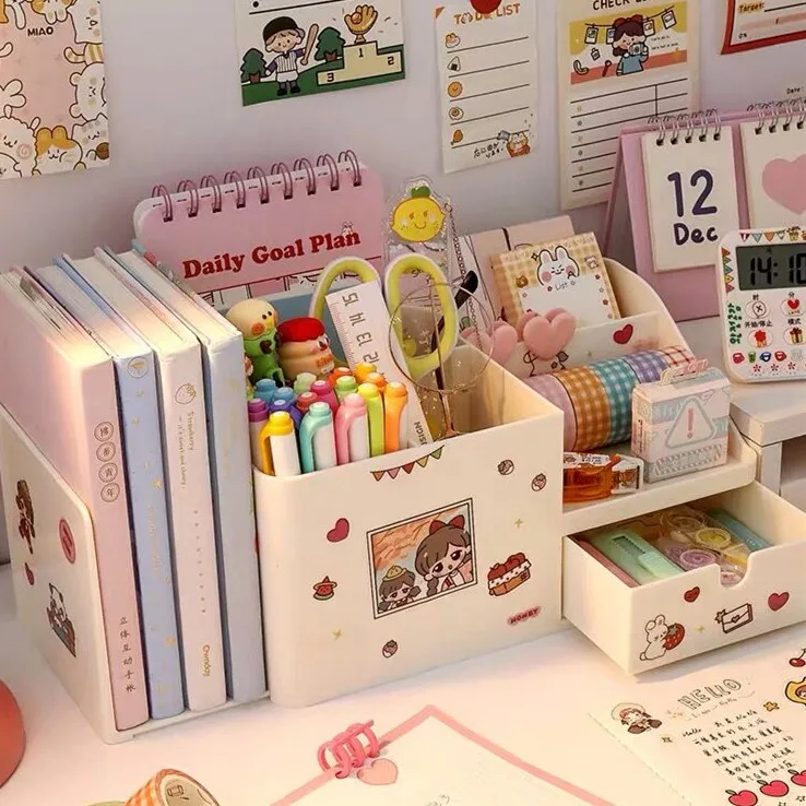 

Kawaii ABS 2 in 1 Multifunctional Desktop Organizer Pen Holder Books Stand Holder Bookends Free Sticker School Stationery