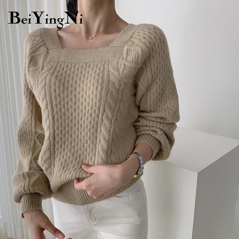 

Beiyingni Square Collar Sweaters Womens Solid Knitted Korean Leisure Khaki Elegant Pullovers Female Warm Thick Oversized Clothes