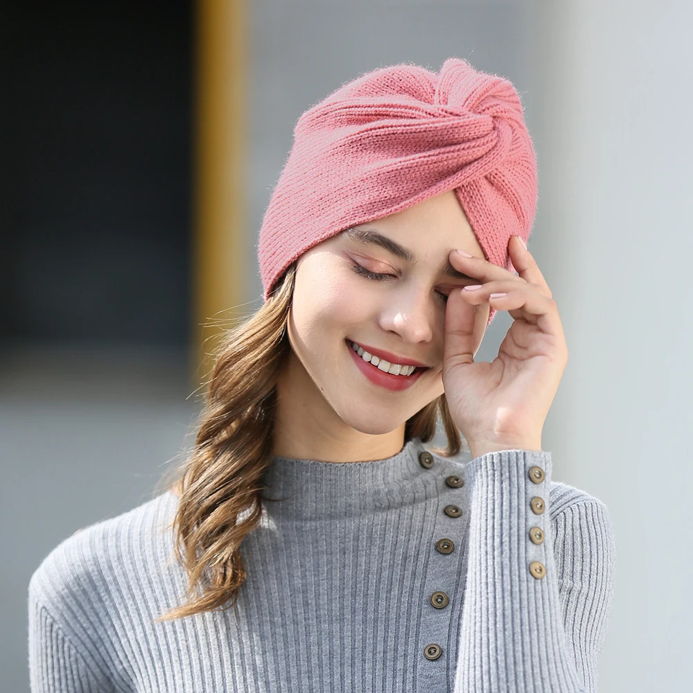 Pink 2 Новые банданы-тюрбан с узлом, повязка на голову, Осень-зима, теплая вязаная шапка-тюрбан, одноцветные женские шарфы для волос - Цвет: Pink 2