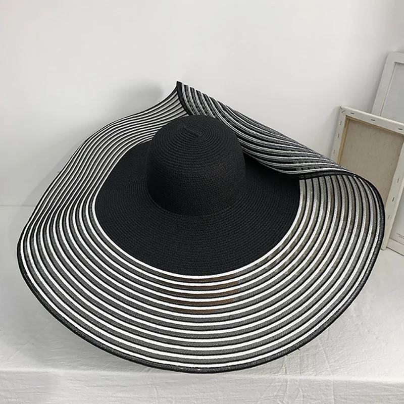 Customized Black White Stitching 25cm Oversized Straw Hat Female Summer Seaside Vacation Photo Beach Sun Hats For Women Vintage