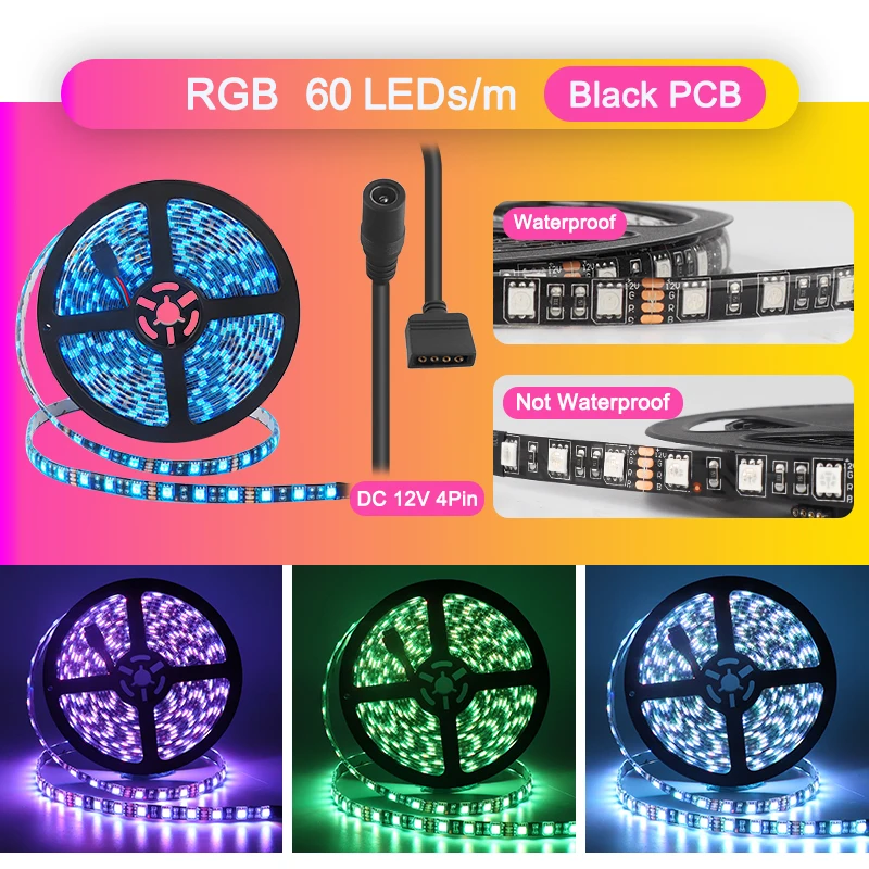 Светодиодная лента 5 м RGB Водонепроницаемая SMD 5050 белая/черная печатная плата 12 В