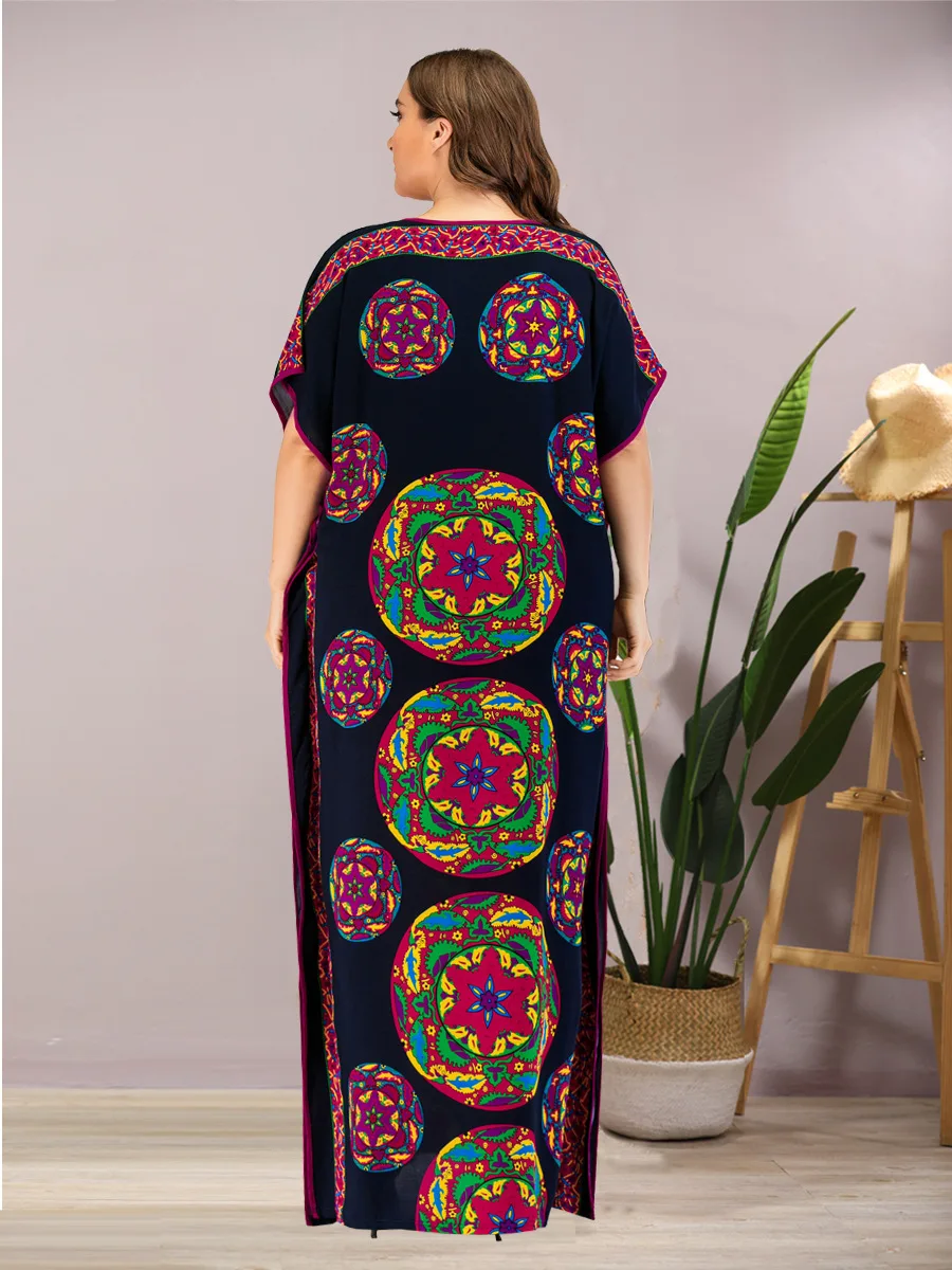 

New High-Quality One Size Dress Fashion Elegant Womens Robe Loose Casual Short-Sleeved Round Neck Long Flower Dress Spring 2021