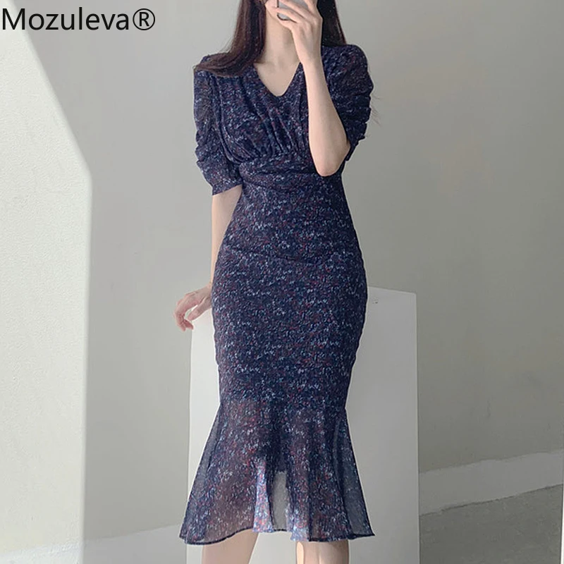 

Mozuleva в винтажном стиле Цветочный принт для женщин трубы/платье с русалочкой 2021 летние шорты рукав колокольчик шифоновое длинное платье ...