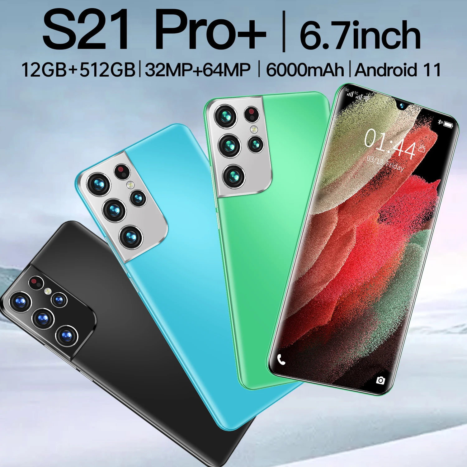 

S21 Pro+ 12+512GB 32MP+64MP 6000mAh Dual SIM+Micro SD Cellphone 6.7 Inch 1440*3200 Face Unlock Andriod 11 Smartphones MT6889+