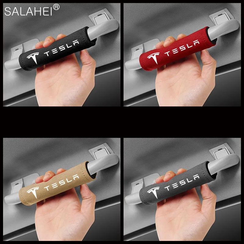 

Suede leather 1/2/4PCS Car Roof Pull Gloves Car Door Handle Protection Cover Interior For Tesla model 3 model X model s model Y