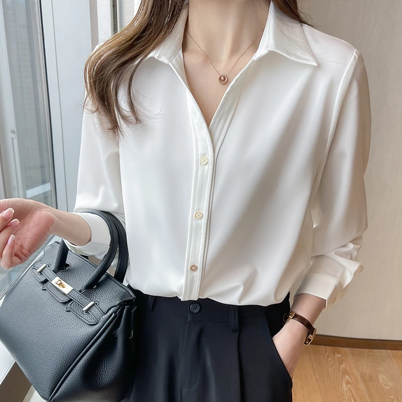 

JKKFZY New Autum Simple Basic Korean Single-Breasted Blouse Women Vintage Ladies Tops Chiffon Casual Blouse Office Shirts
