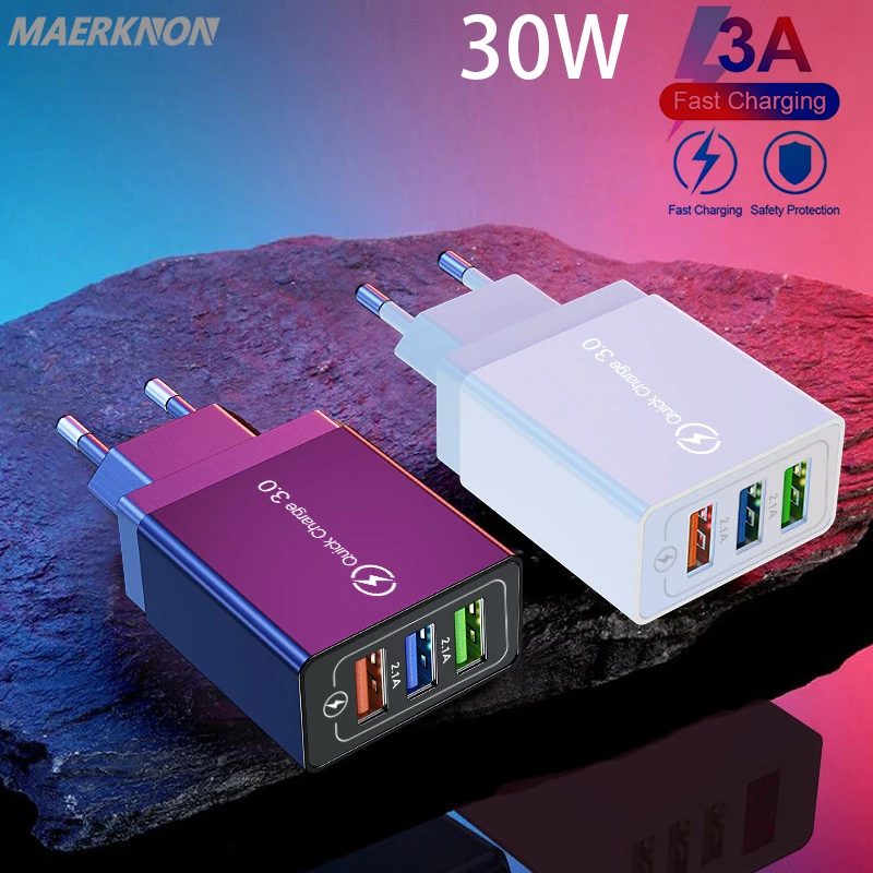 

Cargador USB Universal de 3 puertos, adaptador de carga rápida 3,0, 4,0, 30W, 6A, para iPhone, Samsung, Xiaomi