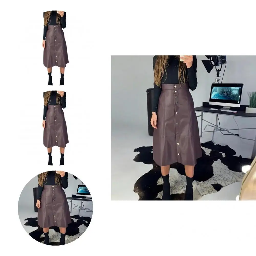 

Women Simple Temperament Slim-fitting Skirt Faux Leather Mid-Calf Skirt Single Breasted for Daily Wear