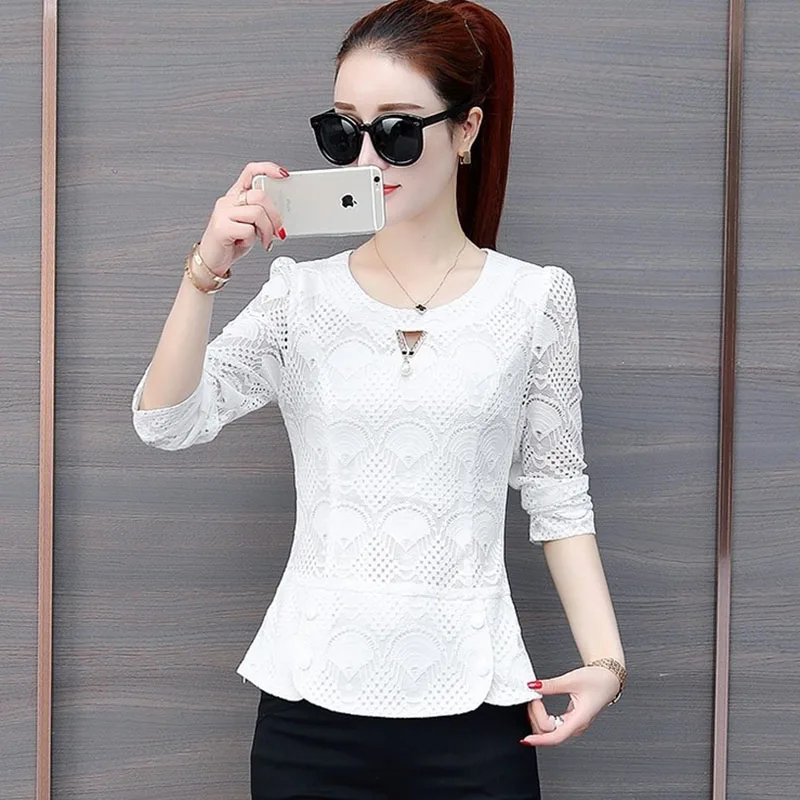 Женские кружевные блузки рубашки повседневные с длинным рукавом и круглым