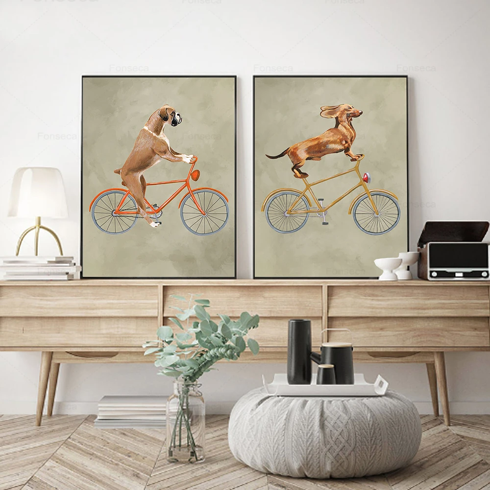 Постеры и принты собаки на велосипеде забавное милое украшение для дома
