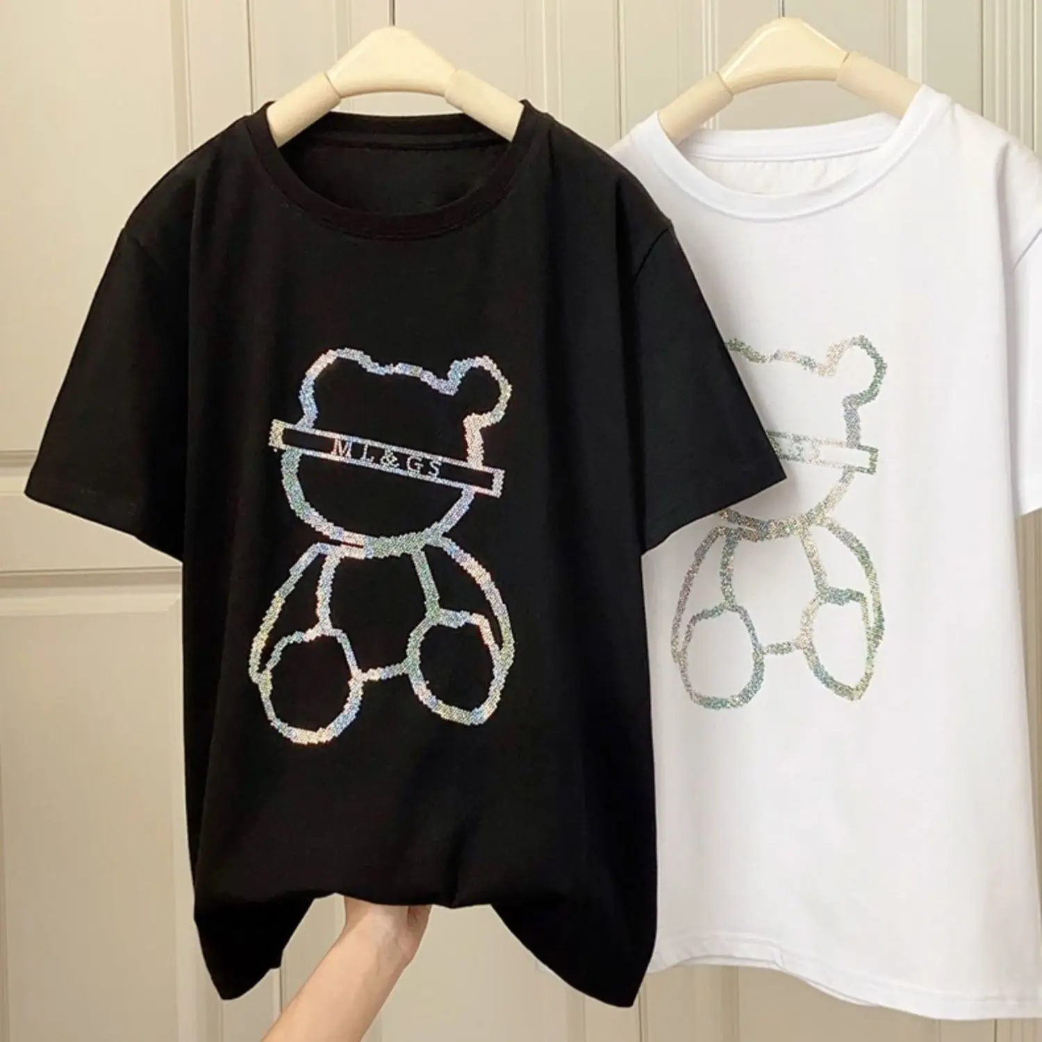

European Station Hotfix Beaded Short Sleeve T-shirt Female Bear 2021 New Half Sleeve Design Niche Summer