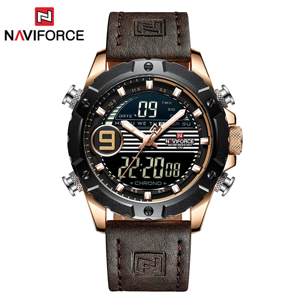 NAVIFORCE Reloj Hombre, наручные мужские часы, Лидирующий бренд, роскошные, натуральная кожа, кварцевые часы, спортивные часы, мужские Relogios Masculino - Цвет: Brown Rose Gold