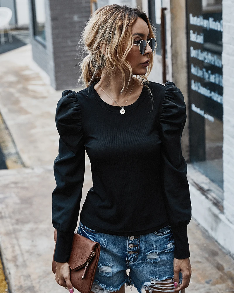 

Новинка 2020, осенняя женская футболка с пышными рукавами, женская модная футболка, базовые Топы, футболка