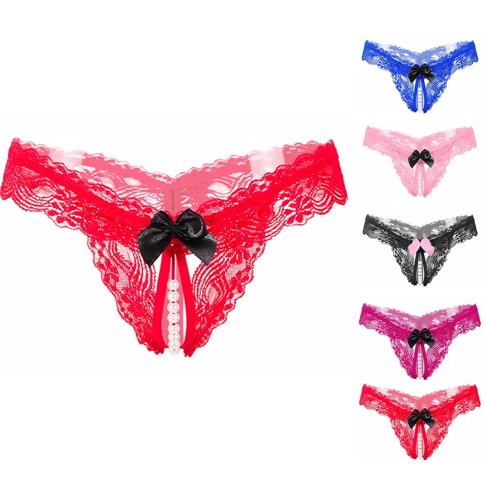 

Hot Sexy Open Crotch Thons -Strin Linerie Women Sexy Crotchless Panties Bowknot Pearls Lace Underwear Nihtwear -strin