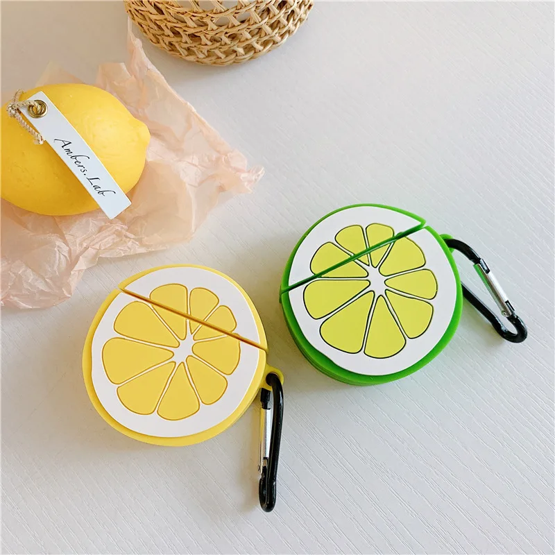 

Wireless Bluetooth Earphone Soft Case Cute Cartoon Fruit Lemon Round Silicone Case for Airpods 1 2 Headphones Protective Case