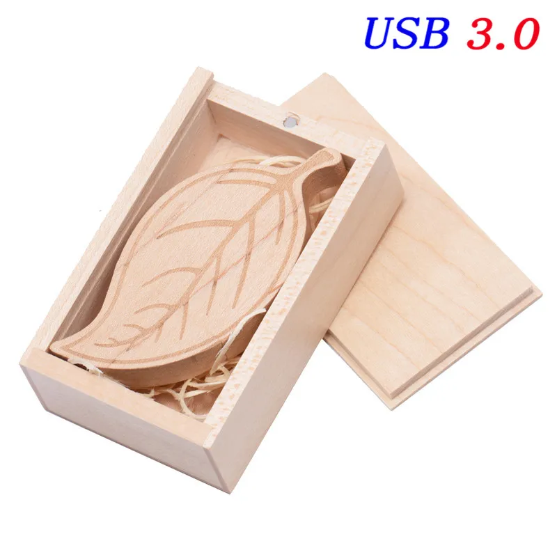 JASTER usb 3,0 usb флэш-накопитель деревянный лист+ коробка карта памяти, Флеш накопитель 4 ГБ 16 ГБ 32 ГБ 64 ГБ 128 ГБ флешка, подарок логотип на заказ - Цвет: Maple with box