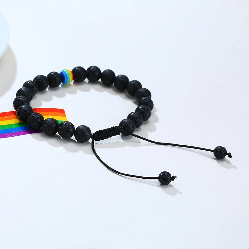 Браслет из лавового камня с бусинами минималистичный Черный Плетеный веревочный