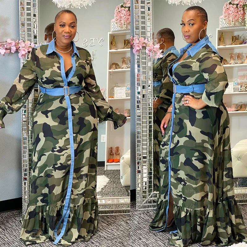 

2022 Women Clothing 5xl Streetwear Maxi Dress Fall Full Sleeve Loose Camouflage Shirt Long Dress Dropshipping Wholesale