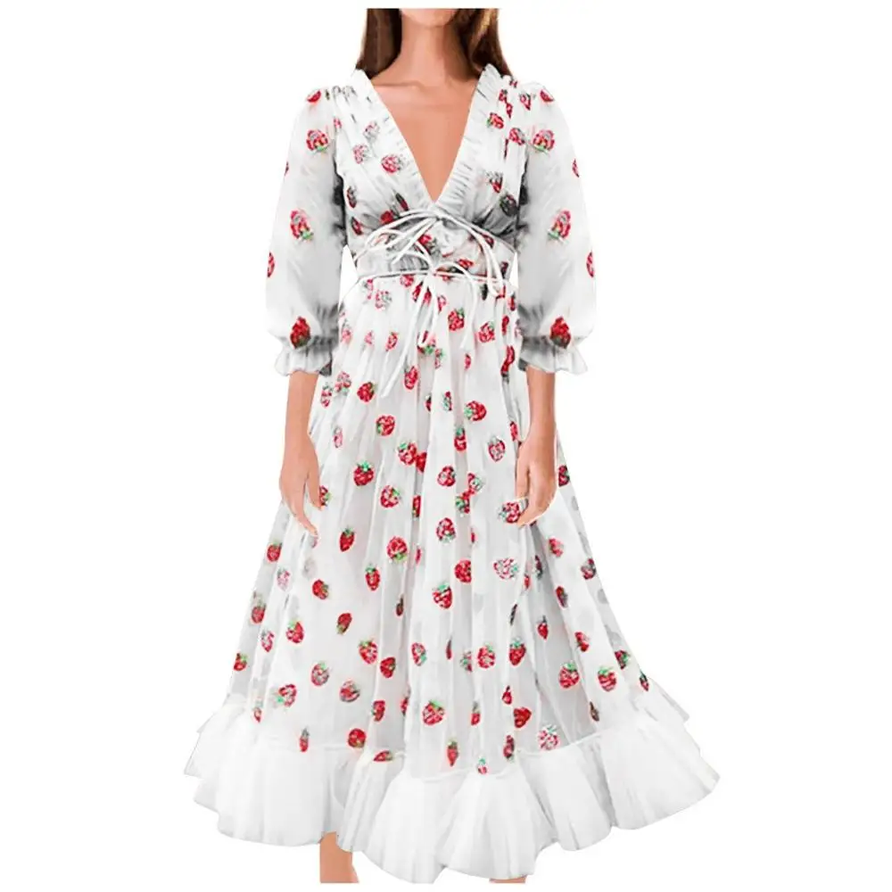 Модная женская повседневная сексуальная Клубничная Милая сетчатая пряжа с