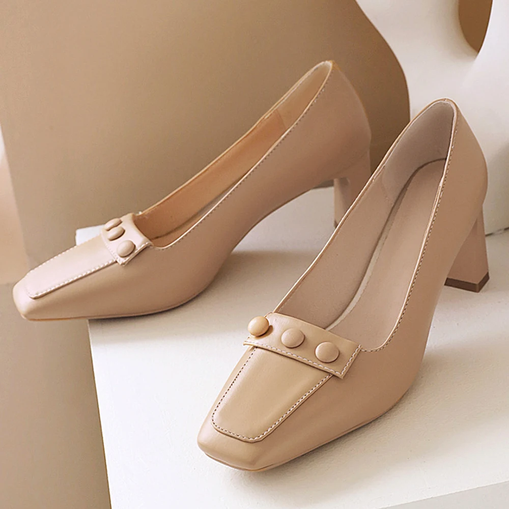 

Shaped Heel Simple And Fashionable High-Heeled Shoes Square-Toe Shallow Mouth Round Button Decoration Apricot Women's Shoes