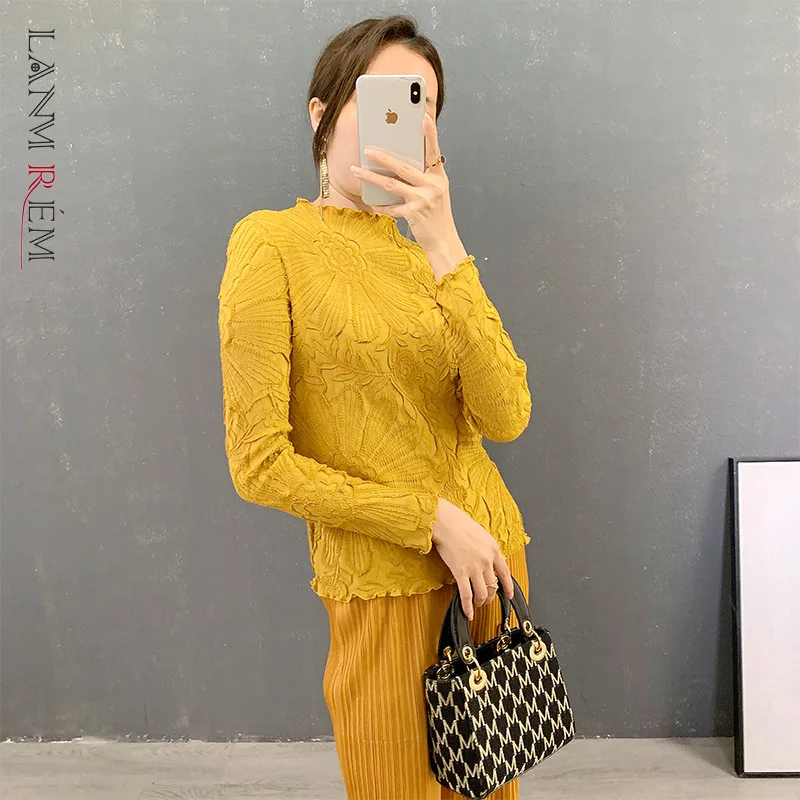 

LANMREM 2022 Autumn New Women Turtleneck Solid Color Tie Flowers Female Petal Sleeve Fashion Skinny Casual T-shirt 2J402
