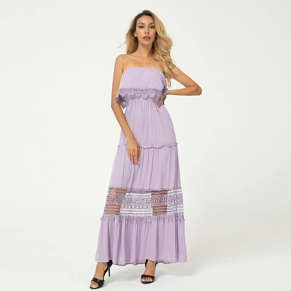 Женское пляжное платье без бретелек фиолетовое длинное трапеция из хлопка с